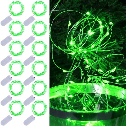 WATERGLIDE 12 Pack St. Patricks Day Fairy Lights Battery Operated (Included), 7 ft 20 LED Mini String Lights, Waterproof Silver Wire Firefly Starry Light for DIY Christmas Mason Jars Decor, Green - color: Green