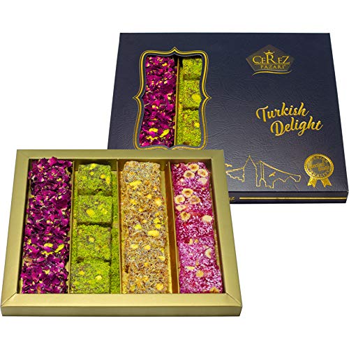 Cerez Pazari Turkish Delight Pistachio and Hazelnut with Fantastic Rose & Pomegranate Flavour Experience in Luxury Large Gift Box 500g | Assorted Gourmet, Sweet Vegan Traditional Lokum (16-20 Pcs) - size: 17 ounces