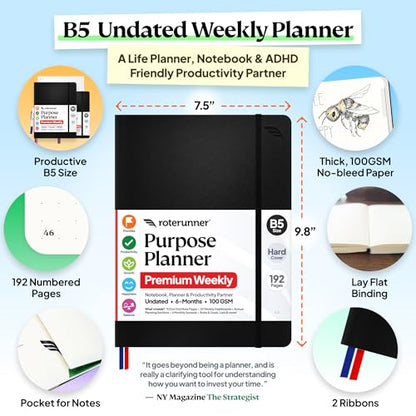 Roterunner Purpose Planner Notebook B5 7.5”x9.8” Undated 2026 Daily Weekly and Monthly Productivity Goal Setting Tool for Work Home ADHD for Adults Self Care Journal - color: Black Hardcover