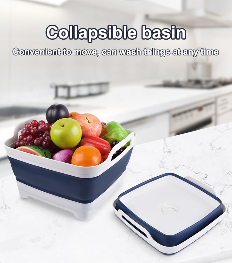 Collapsible Wash Basin 9L, Foldable Dish Tub with Drain Plug, Portable Collapsible Dish Basin, Camping Sink for Washing Dishes, Laundry & Kitchen Use (Navy Blue) - color: Navy blue - Set of 1