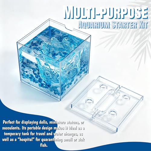 Mini Sea Monkey Tank, Small Betta Fish Aquarium Kit for Temporary Use, 0.2 Gallon Stackable Tiny Cube Tank with Gravels & Aquarium Decor for Raising Brine Shrimp, Seaweed Balls