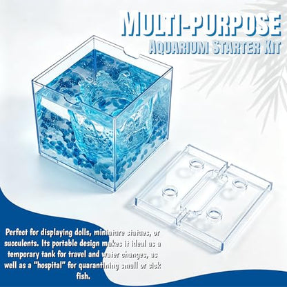 Mini Sea Monkey Tank, Small Betta Fish Aquarium Kit for Temporary Use, 0.2 Gallon Stackable Tiny Cube Tank with Gravels & Aquarium Decor for Raising Brine Shrimp, Seaweed Balls