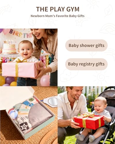 Baby Play Gym Activity Mat, WOOD CITY Tummy Time Play Mat for Babies 0-6 Months with 6 Detachable Newborn Infant Toys, Promote Motor Skills & Sensory Development Baby Essentials Gift
