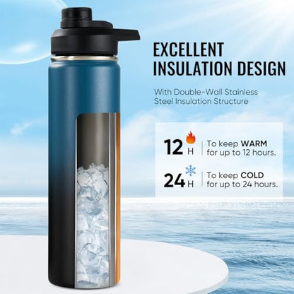Fijinhom Insulated Water Bottle with Handle, 304 Stainless Steel Water Bottles with Wide Mouth, Double Wall Vacuum Sports Water Bottle, BPA Free, Keep Cold and Hot, 24 Ounces, Blue&Black - color: Blue/Black, size: 24 Ounces