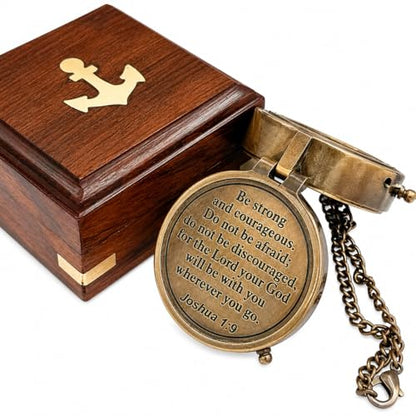 Be Strong and Courageous Compass – Antique Nautical Magnetic Compass with Engraved Scripture Quote – Baptism Gift with Wooden Box for Son, Father, Husband, Loved One