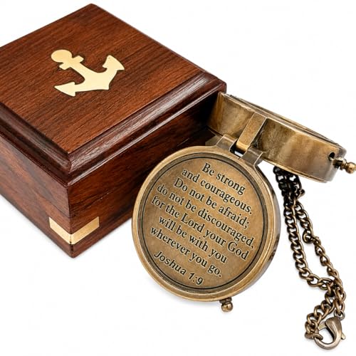 Be Strong and Courageous Compass – Antique Nautical Magnetic Compass with Engraved Scripture Quote – Baptism Gift with Wooden Box for Son, Father, Husband, Loved One
