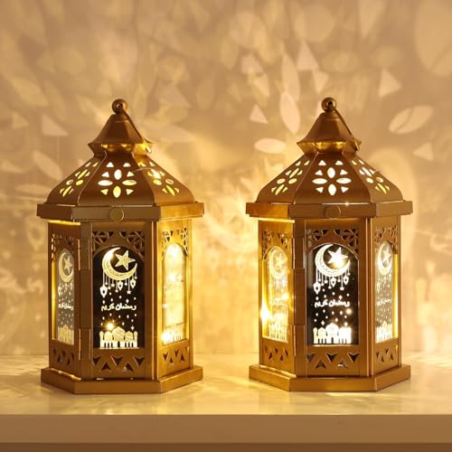 Ramadan Decorations for Home, 2 PCS 11''H Metal Decorative Candle Lantern for Tabletop Mantel Decor, Vintage EID Mubarak Lantern Candle Holders for Indoor Outdoor Decor Gift - color: 2 Pcs Gold / 11''
