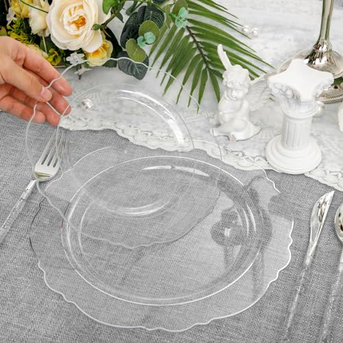 Liacere 150PCS Clear Silver Plastic Plates & Disposable Silver Plastic Silverware with Glitter Bamboo Handle Cutlery-Baroque Clear Disposable Plates for Wedding & Party - color: Silver, size: Baroque Style