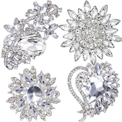 Ezing 4 Pieces Lot Large Big Silver Gold Plated Assorted Crystal Rhinestones Brooch Pins Set - color: C