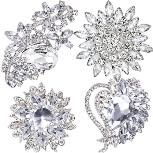 Ezing 4 Pieces Lot Large Big Silver Gold Plated Assorted Crystal Rhinestones Brooch Pins Set - color: C