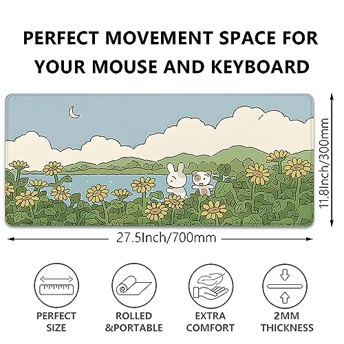 Sunflower Cute Anime Desktop Mat, Desk Mat for Keyboard and Mouse, Gaming Mat for Computer Office Home Work (27.5X11.8 in) - color: Sunflower and 2 Rabbits-2