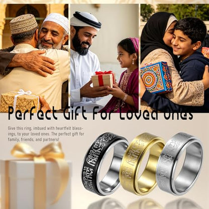 Hipunk Stainless Steel Islamic Muslim Shahada Ring - Mohammad Arabic Letter Rings Band Prayer Religious Calligraphy Ayatul Kursi Allah Rings Eid Ramadan for Men Women Size 9-12 - color: Rotatable-gold plated