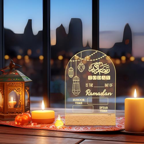Baquler Ramadan Advent Countdown Calendar LED Eid Mubarak Decoration with Erasable Pen Cloth 2026 DIY Acrylic Ramadan Table Sign for Islam Muslims Office Home Days of Holy Month Countdown to Eid Gift