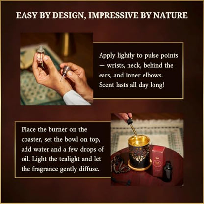 Dukhni Oud & Musk Gift Set | 30ml Oud Diffuser Oil, 6ml Misk Rijali Attar, Wrought Iron Burner, Brass Bowl, Wooden Coaster & Tea Light Candle | Perfect for Ramadan & Eid Gifting