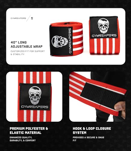 Gymreapers Weightlifting Elbow Wraps (1 Pair) - Flexible 40'' Elbow Compression Strap & Joint Support Brace - for Bench Press, Powerlifting, and Pressing - color: Red/White