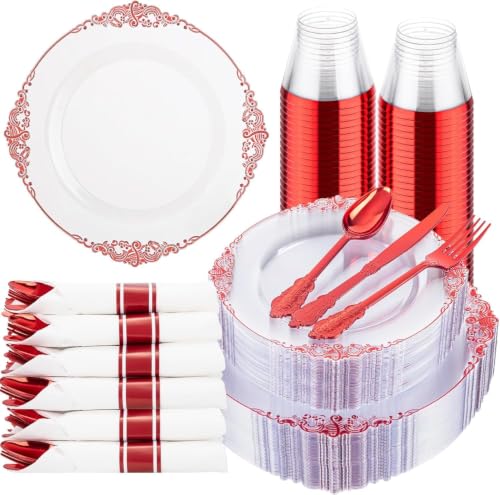 Hioasis 175 Pcs Clear Red Plates for Party - color: Clear and Red