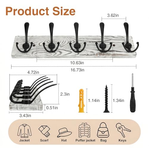 Wooden Coat Rack Wall Mount Heavy Duty, 2 Pack Coat Hanger Wall Mount with 5 Triple Hooks for Clothes, Jacket, Hat, Keys, Space Saving Entryway Organizer for Mudroom (Whte Plate & Black Hooks) - color: Whte Plate & Black Hooks