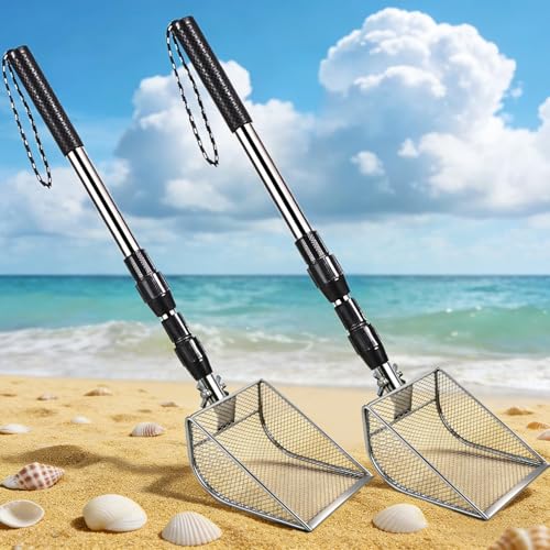 Upgraded 2Pcs Shark Tooth Sifter,Beach Sand Shovel Set,Effortless Angled Design Sand Scoop Shell Scooper for Easy Digging,Reinforced Head,Telescoping Handle for Kids Adults (2pcs Sand Sifter)