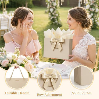 ANZNKU 2PCS Gift Bags Medium with Handles 4 Tissue Paper 2 Ribbons 2 Cards, Gift Wrap Bags for Women Wedding Bridal Baby Shower Birthday Graduation Engagement Presents Party Favors (Champagne Beige) - color: Champagne Beige