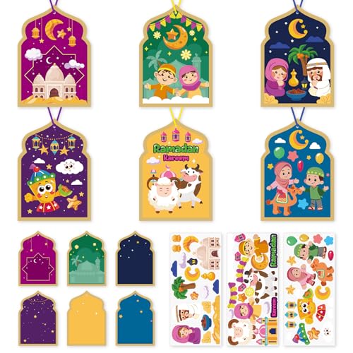 PAIVSUN 24Pcs Ramadan Crafts for Kids, Make You Own Eid Mubarak and Ramadan Kareem Craft Kit, DIY Mosque Scene Religious Sticker Activities Hanging Ornaments for Classroom Party Favor Supplies - style: Ramadan