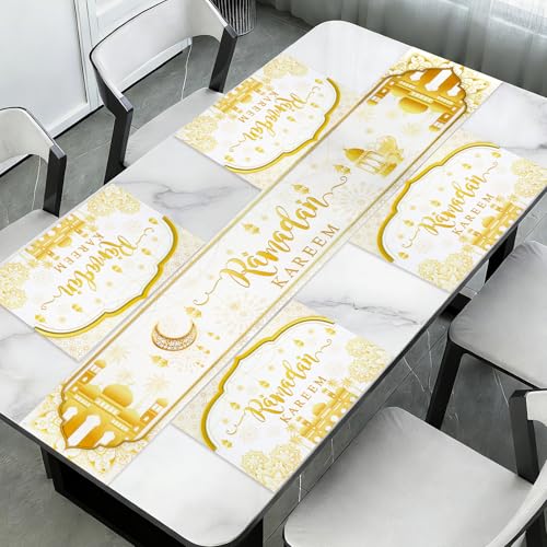 YVAINE 5Pcs Eid Mubarak Burlap Table Decorations White Gold Ramadan Mubarak Placemats and Table Runner,Eid Kitchen Dining Table Runner Cover for Ramadan Kareem Reusable Party Supplies