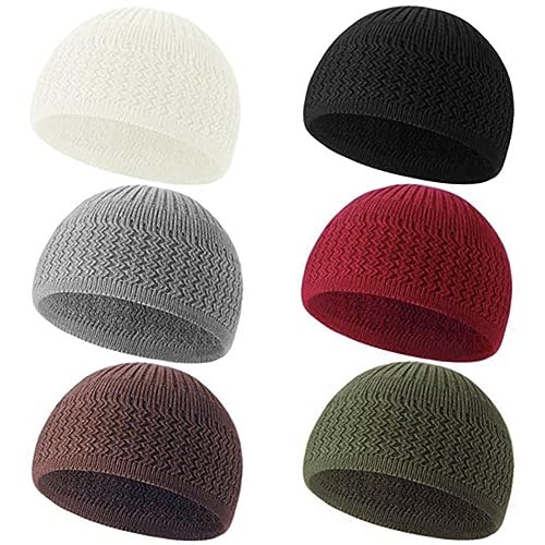 6 Pcs Knit Kufi Hats for Men Women Muslim Stretchy Skull Caps Cotton Helmet Liner Breathable Crochet Beanie Hat - color: Classic Colors
