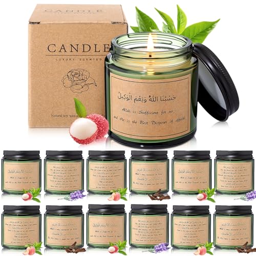 Conelist 12pcs Eid Mubarak Scented Soy Candles 3.5 oz Ramadan Eid Gifts Bulk Mini Muslim Islamic Blessing Meditation Candle Set Table Decoration for Muslim Islam Festival Decor Home