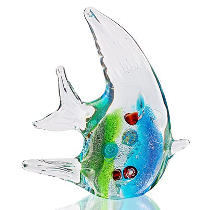 Hophen Angel Fish Art Glass Blown Handmade Sea Animal Figurine Sculpture Home Decor Collectible Statue Paper Weight Gift Ornament (Small Green)