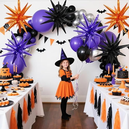 Black Orange Purple Star Balloons, 6PCS 22 Inch Foil Explosion Star Balloon - color: Black Orange Purple