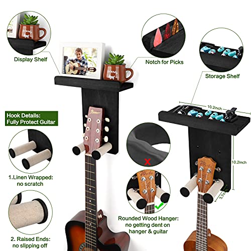 Keebofly Guitar Wall Hanger,2 Pack Guitar Wall Mount Holder Guitar Hanger Shelf with Pick Holder Wood Guitar Rack for Acoustic or Electric Guitar,Ukulele,Bass,Mandolin Black,[Patented] - color: 2 Pack_Black