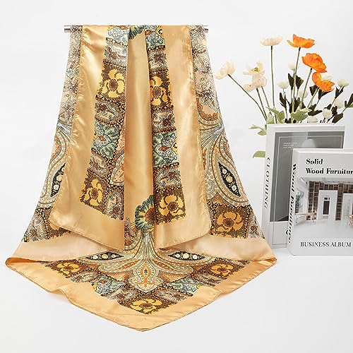 AWAYTR 35” Large Satin Square Head Scarf - 2Pcs Silk Like Floral Head Scarves Square Satin Hair Scarf Bandanas for Women - color: Cashew(yellow+green)