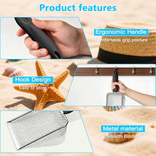 Beach Mesh Shovel for Shell Collecting, Stainless Steel Sand Sifter Scoop for Kids, Sand Scooper Beach Toy for Seashells, Shark Teeth, Sea Glass & Treasure Hunt, Black - color: black