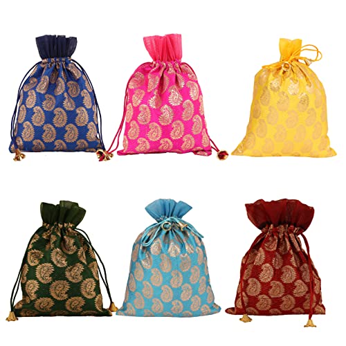 Touchstone Drawstring Bags Traditional Indian Handcrafted Fabric Perfect for Gifts Jewelry Weddings Pouches Purses Potli - color: Paisley_Multicolor (Pack of 6), size: 9x7 inches