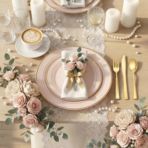 WDF Partyware 350PCS Pink Disposable Plates - Pink Plastic Plates 50Guests Plastic Dinnerware Sets with Rolled Napkins for Wedding/Birthday/Baby shower - color: Pink, size: 350