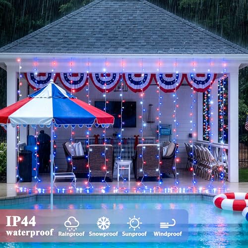 JMEXSUSS 300LED Red White & Blue Curtain Lights for 4th of July, 9.8x9.8ft - color: Red White and Blue, size: 300 LED