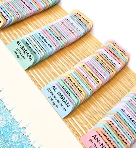 Quran Tabs – 120 Index of 114 Surah with Phonetic Transliteration, English & Ayah Count + 6 Blank for Dua or Juz | Islamic Study Tool | Free 99 Names of Allah Bookmark | Eid Muslim Gifts (Multiple)