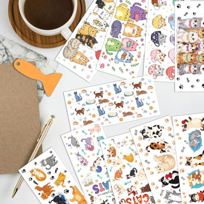 arricraft 10 Sheets Cartoon Cat UV DTF Cup Wrap for 16OZ Glass, Many Cats in Various Poses Paw Print Fish Bone Rub on Decals PVC Transfer Stickers for DIY Cups Window Home Printing Decoration 24x11cm - style: Cartoon Cat Theme