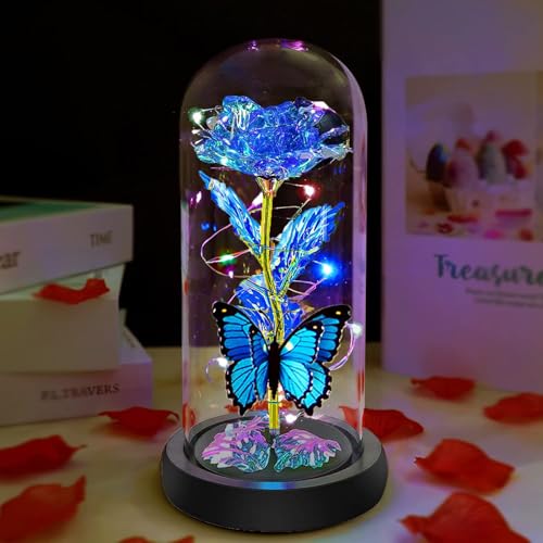 Mothers Day Rose Gifts for Mom, Birthday Gifts for Women Moms, Galaxy Crystal Light Up Rose in A Glass Dome,Mothers Day Flowers Presents Girlfriend Wife Sister Mother Mom from Daughter,Butterfly Blue - color: Butterfly- Blue