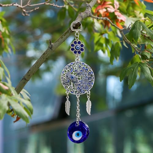 Evil Eye Car Charm Key Chain Car Hanging Accessories 4 Pack - Turkish Evil Eye Wall Decor Nazar Amulet Boncugu Peacock Hindu OM Diwali Decor Home Window Door Entryway Shrine Spiritual Ornaments