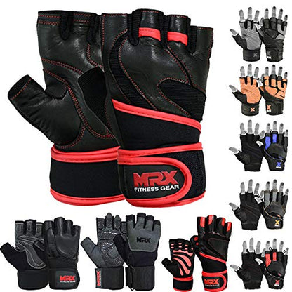 MRX Weight Lifting Pro Level Gloves with 18 Inches Long Wrist Strap Gym Workout Exercise & Fitness in - color: Black/Red-2615, size: Large