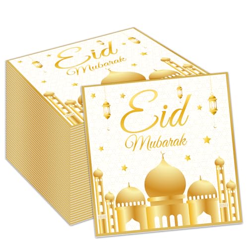 100Pcs Eid Mubarak Paper Napkins White and Gold Moons Stars Guest Lunch Dinner Tableware Disposable Dessert Napkin Set for Muslim Kitchen Holiday Party Supplies Decoration,6.5 x 6.5 inch