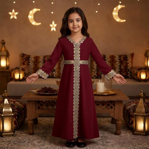 OBEEII Girls Muslim Abaya Ramadan Long Bell Sleeve V Neck Sequins Church Prayer Dress with Belt Islamic Eid Robe Kaftan - color: Wine Red-sequins, size: 12-13 Years
