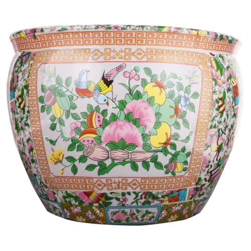 Rose Medallion Asian Fishbowl Cachepot Planter for Indoor or Outdoor Garden