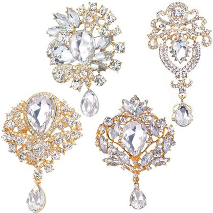 Ezing 4 Pieces Lot Large Big Silver Gold Plated Assorted Crystal Rhinestones Brooch Pins Set - color: A