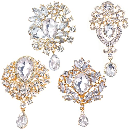 Ezing 4 Pieces Lot Large Big Silver Gold Plated Assorted Crystal Rhinestones Brooch Pins Set - color: A