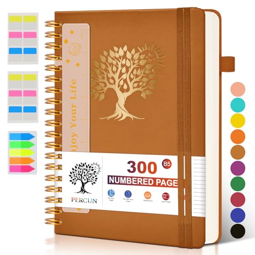 PERCUN Large Spiral Notebook Journal for Women Men - 300 Numbered Lined Pages, College Ruled,B5 Hardcover Spiral Bound Notebook for School, Work, Note Taking, Writing, Leather Spiral Journal 7"x10" - color: Brown, size: B5 size (7in x 10in)