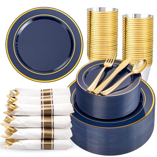 WDF Partyware 350PCS Navy Blue and Gold Plastic Plates with Rolled Napkins Include Dinner Plate 10’’, Dessert Plate 7’’, gold Cups 9 OZ, Pre Rolled Napkins for Birthday/Wedding/Party - color: Blue and Gold, size: 350