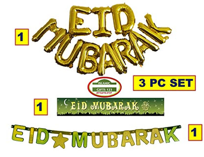 Eid Mubarak Balloon Banner[3 Pc Set] Eid Decoration Gold set Happy Eid Islamic Wall Decor Hilal Islamic Muslim Eid Party Supply Ramadan Decor | Muslim Holiday party set Happy Eid Islamic Gifts 123