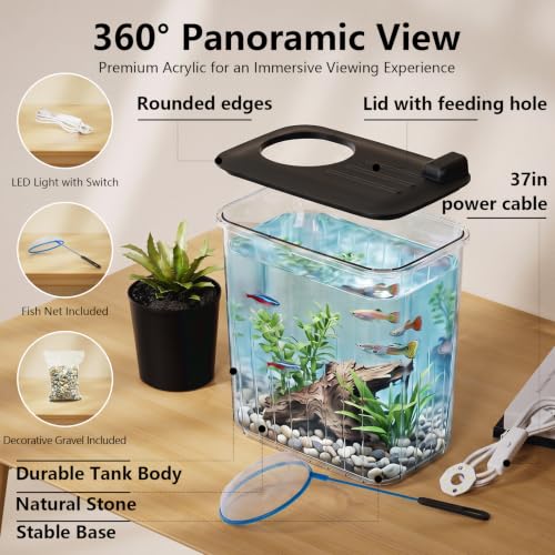 0.8 Gallon Betta Fish Tank Aquarium Starter Kit with Light and Lid(Black) | Premium Acrylic Aquarium with Light and Lid, Crystal Clear Starter Kit for Betta Fish, Shrimp, Snails and Small Fish - color: Black, size: 0.8 Gallon