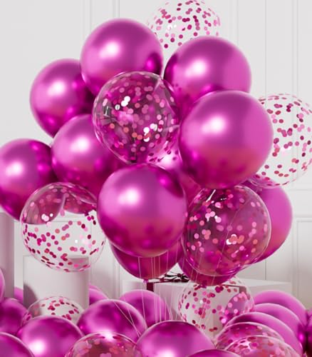 AULE Party Balloons Pack of 42 - Metallic Chrome Hot Pink Balloons and Hot Pink Confetti Latex Helium Balloons With 64ft Ribbons - 12 Inch Balloon Decoration Set - color: Hot Pink